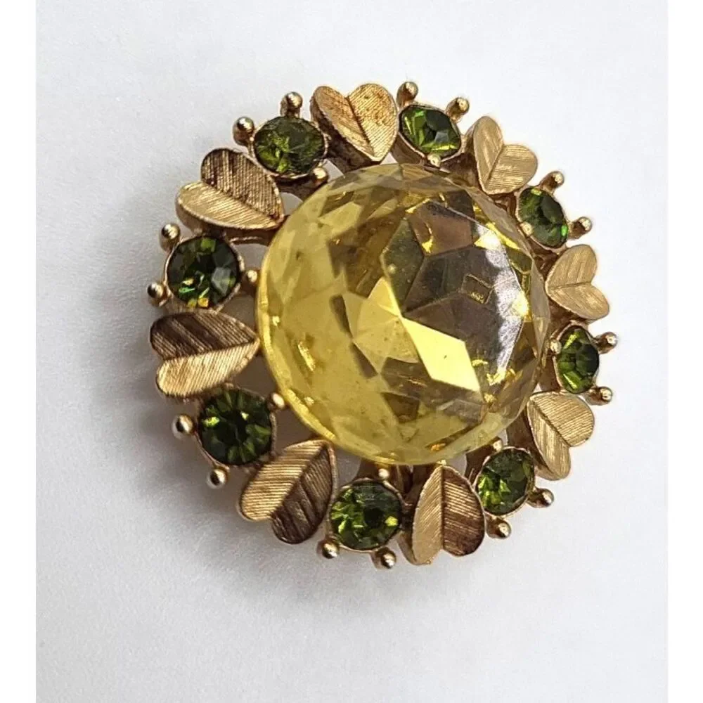 Avon Sun Brilliants Citrine Heart Green Gold Tone Round Brooch Pin Pendan 1in